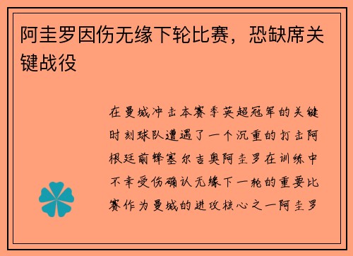 阿圭罗因伤无缘下轮比赛，恐缺席关键战役