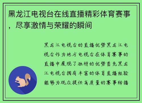 黑龙江电视台在线直播精彩体育赛事，尽享激情与荣耀的瞬间